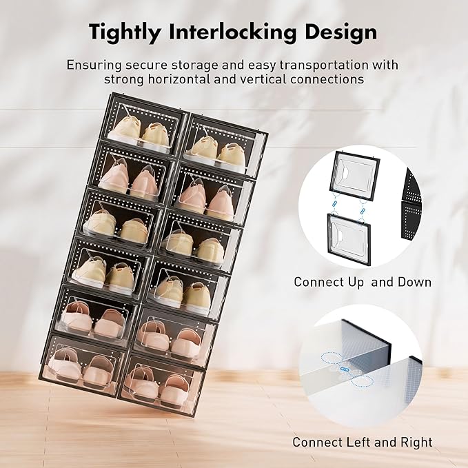 Foluck Shoe Storage Box, 15 Pack Clear Plastic Stackable Organizer for Closet, Interlocking Design Container Bins for Sneakers, Foldable Shoe Rack for Closet,Entryway, Black