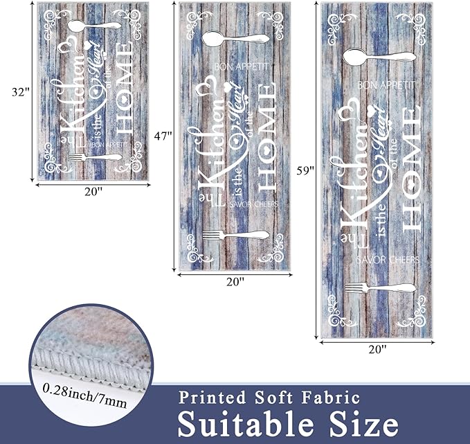 Vaukki Boho Kitchen Rug Sets 3 Pieces, Washable Kitchen Mats for Floor, Non Slip Soft Kitchen Area Rug Floor Mat for Kitchen, Laundry Room and Hallway (Blue and Brown, 20''x32''+20''x47''+20''x59'')