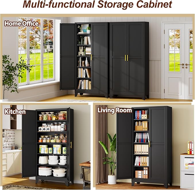 75" Black Tall Metal Garage Storage Cabinet with 2 Doors and 5 Adjustable Shelves,Kitchen Pantry Cabinet,File Cabinet,Steel Tool Cabinet for Home,Office,Garage,School,Warehouse