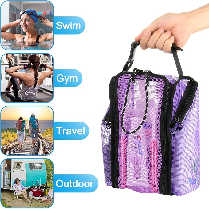 Cosmos Mesh Shower Caddy Toiletry Organizer Hanging Shower Tote Bag, Quick Dry Shower Organizer Portable Bath Bag with Durable Zippers & Side Pockets for Travel Gym Swimming Beach & Camp (Purple)