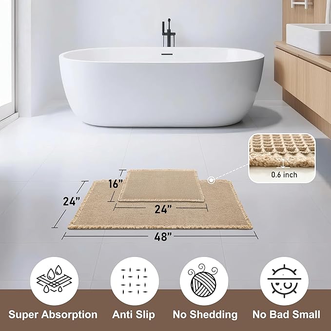 JIUZHEN Set of 2 Waffle Bath Mats Non Slip Waffle Bathroom Runner Rug Washable Boho Runner Bath Rugs Super Absorbent Shower Mat for Bathroom Kitchen Hallway Laundry, 16" x 24" +24" x 48", Brown