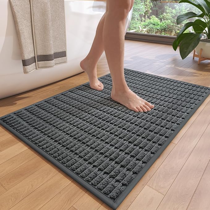 Non-Slip Bath Mat with Rubber Backing, Washable Thin Bath Mats for Bathroom Floor, Absorbent Bathroom Rugs, Quick Dry, Fits Under Door Dark Grey 24x36