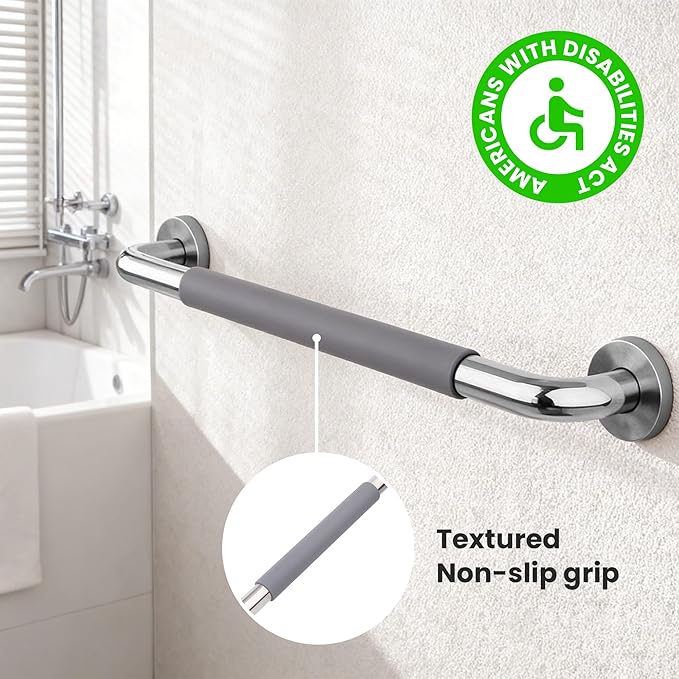 2 Pack 24 Inch Shower Grab Bar, Mirror Polished Stainless Steel Bathroom Safety Handrail, Scratch-Proof Gray Rubber Anti-Slip Grip, Heavy Duty Support for Seniors,Handicap, Pregnant & Kids