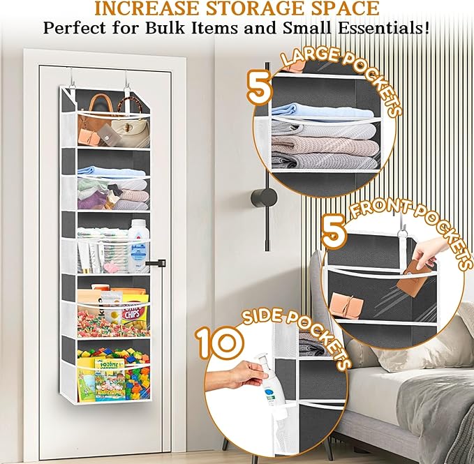 Ofiray-home 2 Pack Over Door Organizer with 5 Large Pockets, 5 Transparent Front Pockets & 10 Mesh Side, 50 lbs Weight Capacity Hanging Storage for Toys, Shoes, Diapers, Pantry