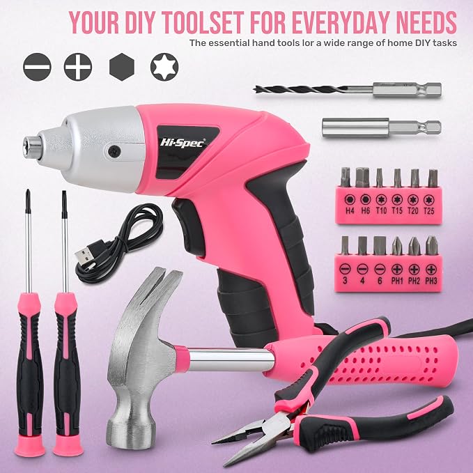 Hi-Spec Cordless Electric Screwdriver, Power Screw Driver Set with Pink Compact Tool Kit for Small Repair and Maintenance- Ideal Housewarming Gift,19 Piece