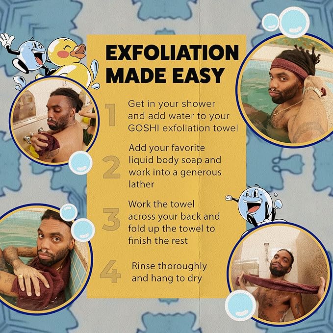 GOSHI Exfoliating Shower Towel - Long Body Scrubber for Back Acne, KP & Smooth Skin - Durable Rip-Resistant Weave, Quick-Dry Nylon Washcloth - Ethically Crafted in Gunma, Japan - Red