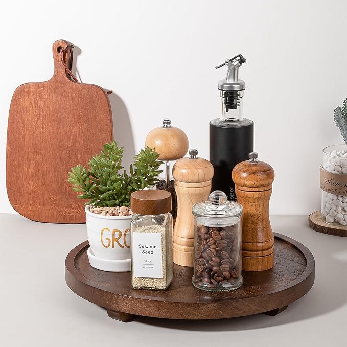 Round Decorative Tray Wood Bathroom Counter Organizer Farmhouse Kitchen Decor Wooden Riser for Soap Dish, Perfume, Candle, Sponge, 12" - Walnut