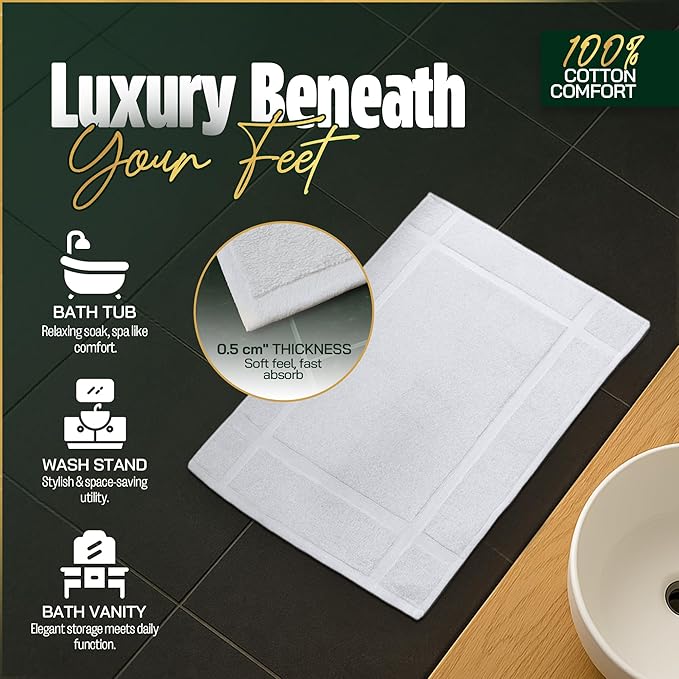 Pearl Linens Pack of 6 100% Cotton Bath Mat Towels,18x25 inches, Soft & Absorbent Floor Towels for Bathroom, Not Bathroom Rugs, After Shower Mat, 781 GSM, Machine Washable, Airbnb Essentials, White