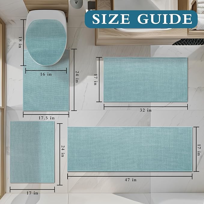 YIHOUSE Blue Bathroom Rug Sets 5 Piece, Bathroom Mat Quick Dry, Thin Bath Rug Set,Absorbent Bath Mat for Bathroom Non Slip Washable for Toilet and Floor