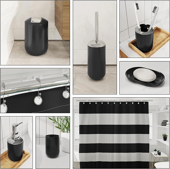 Clara Clark Bathroom Accessories Set - Bathroom Set with Adhesive Corner Shower Caddy Hanging, 25PC Bathroom Accessory Set, Black Shower Curtain Set, Toilet Brush, Trash Can & Soap Dispenser