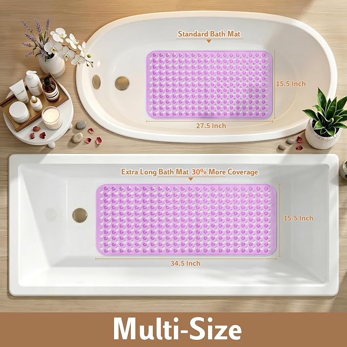 Yimobra Non Slip Bath Mat, Super Strong Suction Cups,35"X16"Long Tub Mat with Drain Holes, Machine Washable Fast Draining Shower Mats, Bathroom Essentials, Clear Purple