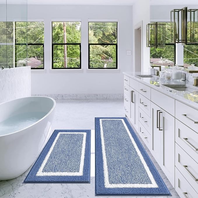 Pauwer Bathroom Rugs Sets 2Pc, Non Slip, Absorbent, Machine Washable, Blue, 18x26+18x48 inches