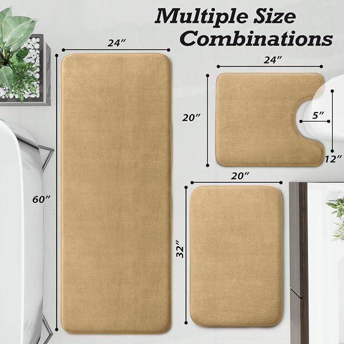 HUXMEYSON Bathroom Rugs Sets 3 Piece, Non-Slip & Quick Dry Bath Mat Set, Ultra Soft Velvet Bath Rugs for Bathroom, Toilet and Shower Floor, Khaki