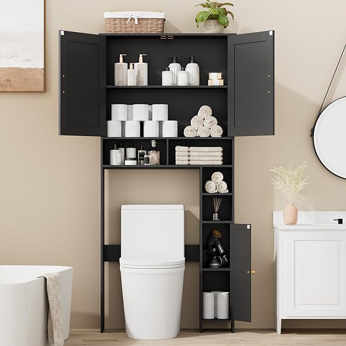 Homhedy 67" H Over The Toilet Storage Cabinet, Bathroom Organizer with Rattan Decorated Doors, Adjustable Shelves, Toilet Paper Holder, Space-Saving Bathroom Shelf for Small Spaces, Natural and Black
