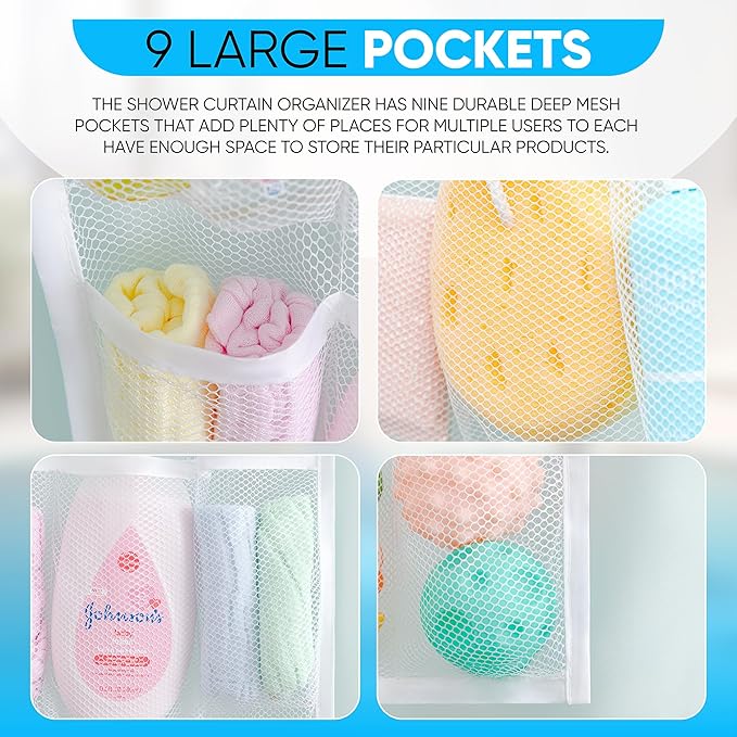 Handy Laundry Shower Curtain Bathroom Organizer -9 Pockets- Perfect for Organizing Home Bath, Your Toiletries and kid's Toys in Nine Durable Deep Mesh Pockets. Hang on Existing Shower Curtain Rings.