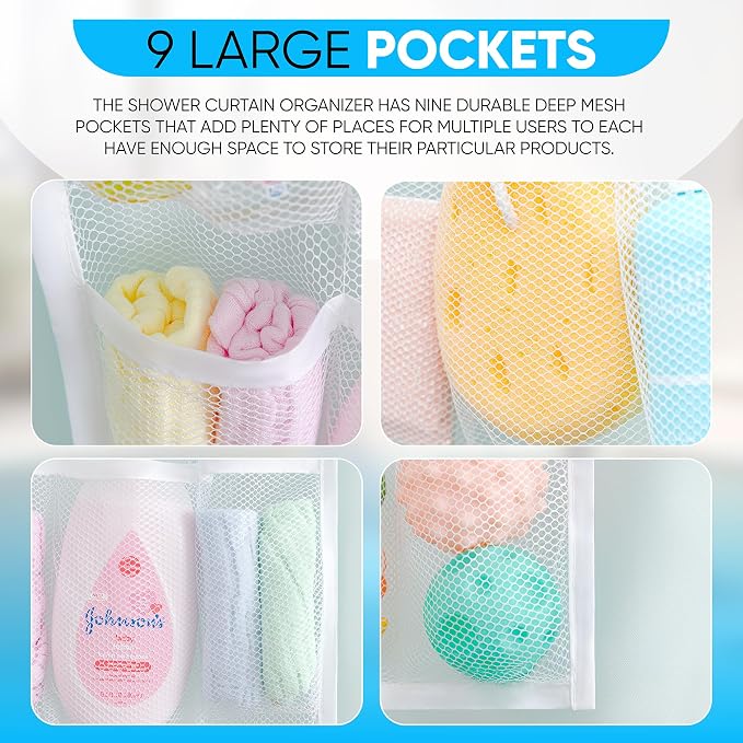 Handy Laundry Hanging Shower Organizer (2-Pack) - 9-Pocket - Mesh Caddy with Deep Storage Pockets for Organizing Bathroom Toiletries and Kids Bath Toys - Hang on Existing Shower Curtain Rings