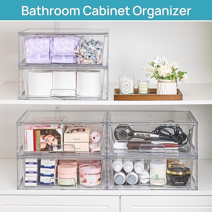 Vtopmart 6 Pack Large Stackable Storage Drawers,Easily Assemble Clear Acrylic Bathroom Closet Undersink Organizers,Plastic Storage Bins for Cabinet,Kitchen Pantry,Medicine Organization