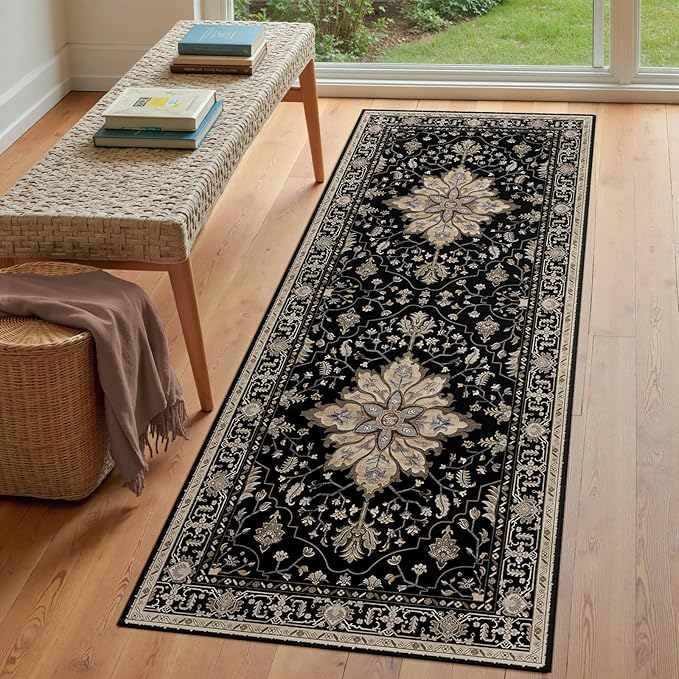 RELEANY Area Rugs Runner 3'x8' Washable Non-Slip, Floral Vintage Distress Medallion Carpet for Kitchen Hallway Bedroom Beside Laundry Room Bathroom, Black Brown Neutral Dark Tan