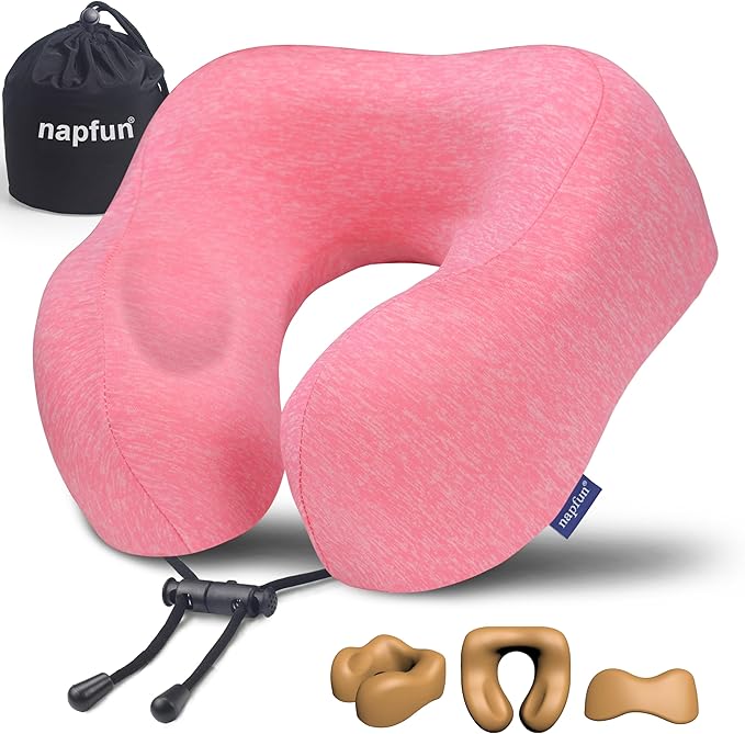 napfun Neck Pillow for Traveling, Upgraded Travel Neck Pillow for Airplane 100% Pure Memory Foam Travel Pillow for Flight Headrest Sleep, Portable Plane Accessories, Rose