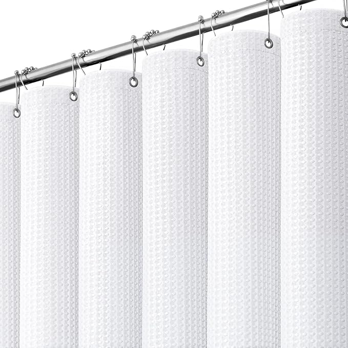 Dynamene White Fabric Shower Curtain, Waffle Weave Heavy Duty Thick Fabric Shower Curtains for Bathroom, 256GSM Weighted Hotel Luxury Cloth Shower Curtain Set with 12 Plastic Hooks, 72Wx72H, White
