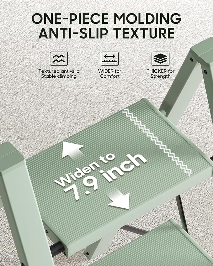 HillhutApex 3 Step Ladder, Lightweight Portable 3 Step Stool with Anti-Slip Wide Pedal, 330lbs Capacity Aluminum Ladder for Household,Office,Kitchen(Pale Green)