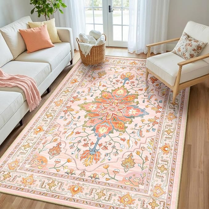 RELEANY Area Rugs 5'x8' Washable Non-Slip, Floral Vintage Distress Medallion Carpet for Living Room Bedroom Dining Room, Light Pink Colorful