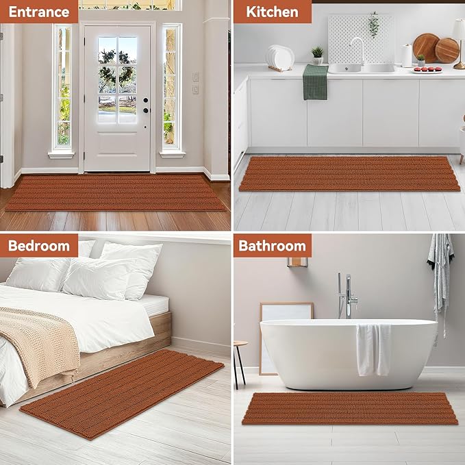 Bcoimo Long Bathroom Rug, Chenille Bath Runner with High Low Pile Design, Soft Absorbent Non Slip Bath Mat, Machine Washable Quick Dry Rug for Shower, Tub, Sink and Vanity