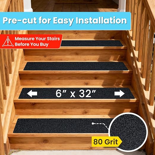 LifeGrip Anti Slip Traction Treads (15-Pack), 6 inch X 32 inch, Best Grip Tape Grit Non Slip, Outdoor Non Skid Tape, High Traction Friction Abrasive Adhesive for Stairs Step, Black