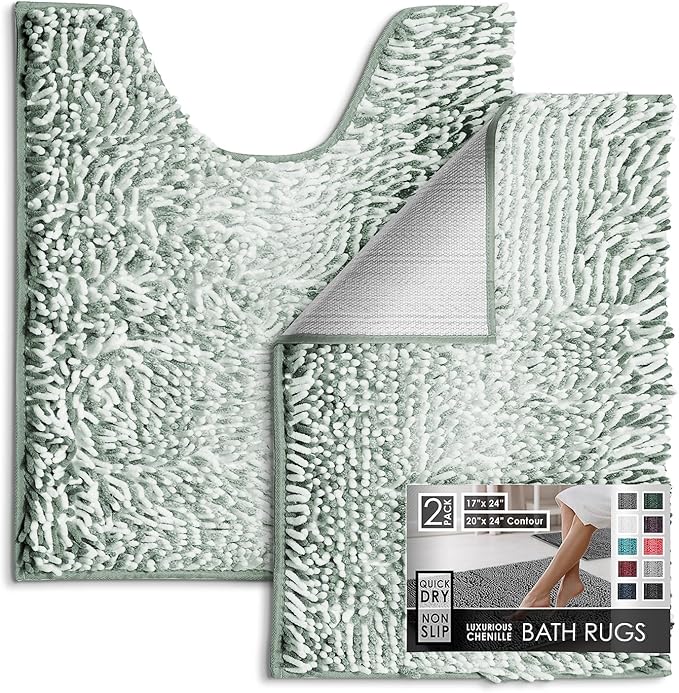 Hearth & Harbor Bathroom Rugs, Chenille Bath Mat - Machine Washable Bath Mats for Bathroom Non-Slip Backing Rubber, Quick Dry Bathroom Mat, 17 x 24 + 20 x 24 - Ombre Green