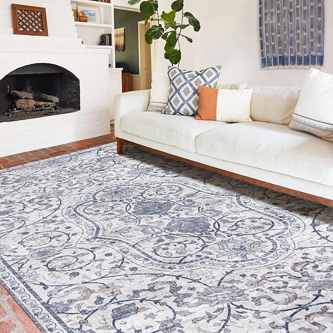 Area Mat for Living Room, 5'x8' Waterproof Vintage Print Floor Mat for Bedroom Kitchen, Stain Resistant Non-Slip Rug for Under Dining Table, Soft Floor Play Pad for Spills, Pet Accidents