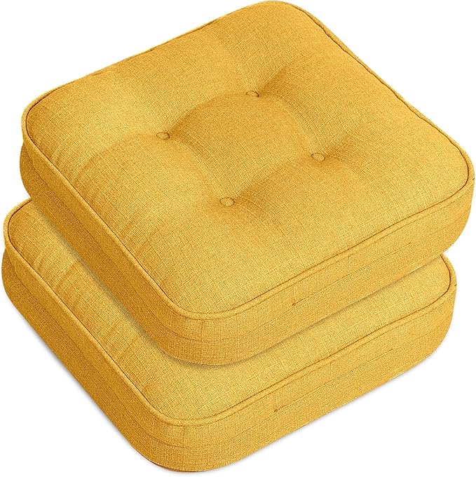GOFORIT Memory Foam Cushion，Square Seat Cushions for Dining Chairs,Non-Slip Chair Pads with Removable Cover, 16'' x 16'', 2 Pack,Yellow