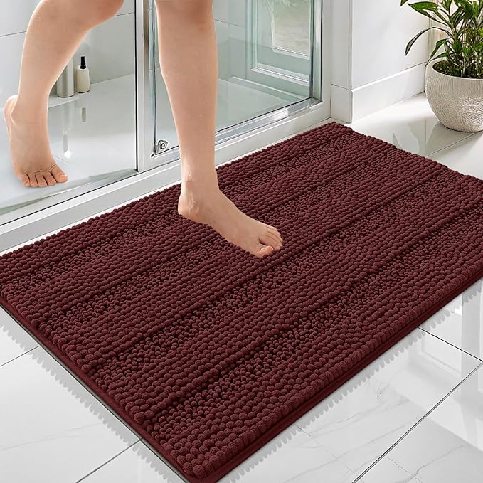 OLANLY Thick Bathroom Rugs 36x24, Extra Absorbent Chenille Striped Bath Rugs, Rubber Backing, Machine Wash Dry, Bath Mats for Bathroom Floor, Tub and Shower, Home Decor Accessories, Andorra Red-Brown