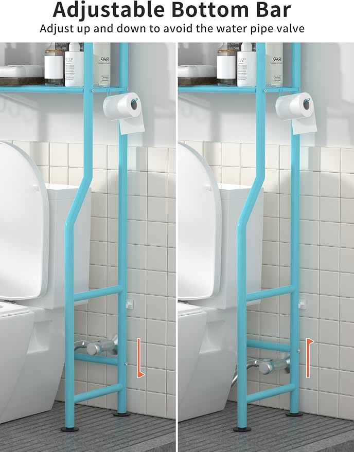 Livilord 3-Tier Over The Toilet Storage, Freestanding Metal Bathroom Shelves with 4 Hooks, Over Toilet Storage Shelf with Paper Holder, Above The Toilet Shelf for Bathroom Storage, Blue