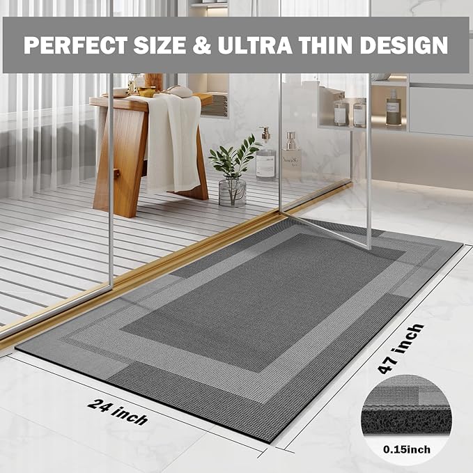 YDKGL Non Slip Long Bath Mat Bathroom Runner, Rubber Backing Ultra Thin Bathroom Rugs Fit Under Door Quick Dry Super Absorbent Washable Bath Rug Shower Mat for Bathtub Sink Floor, Dark Grey 24"x48"