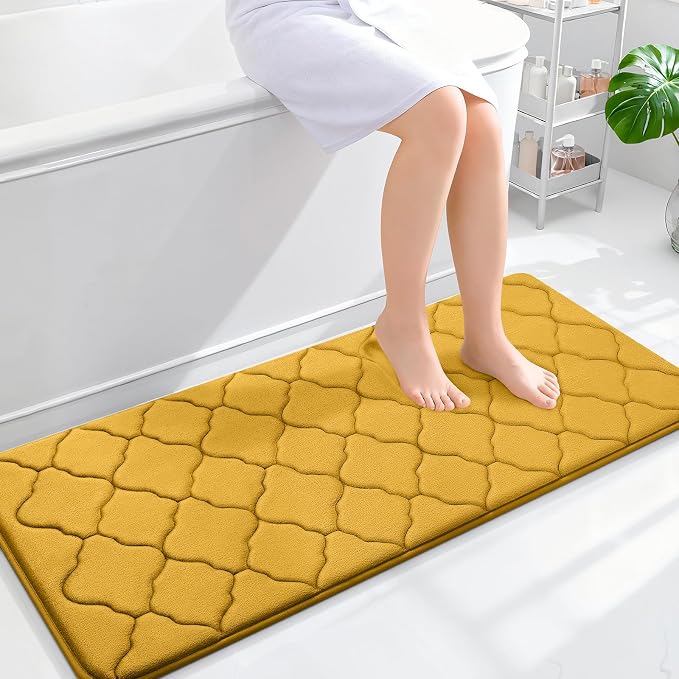 OLANLY Memory Foam Bath Mat Rug 47x20, Ultra Soft and Absorbent Bathroom Rugs, Non-Slip, Comfortable, Machine Washable Bath Carpet for Bathroom Floor, Tub, Shower and Home Decor Accessories, Yellow