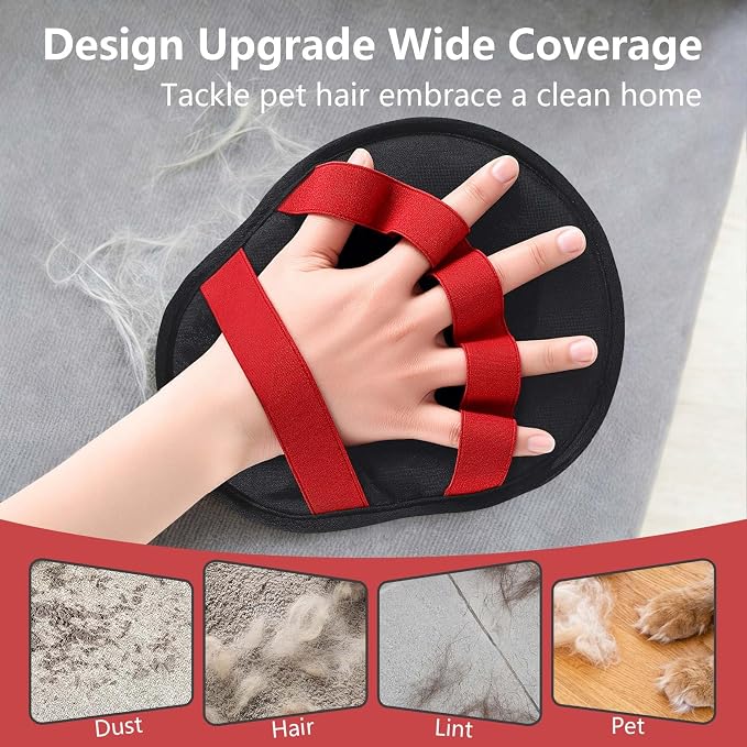 Pet Hair Removal Glove for Dogs & Cats, Reusable Washable Electrostatic Pet Hair Remover Glove, Pet Hair Mitt with Finger Straps for Couch, Carpet, Car Seats, Clothes, Furniture, Red