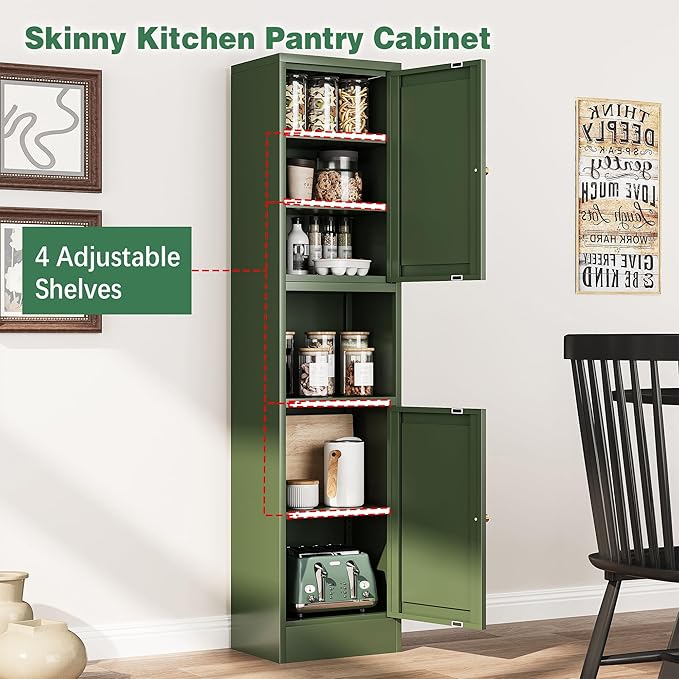 Bevivog Metal Kitchen Pantry Cabinet for Small Space, 67" Tall Storage Cabinets with 2 Doors and Adjustable Shelves, Freestanding Narrow Bathroom Cabinet, 15.7" W Slim Pantry