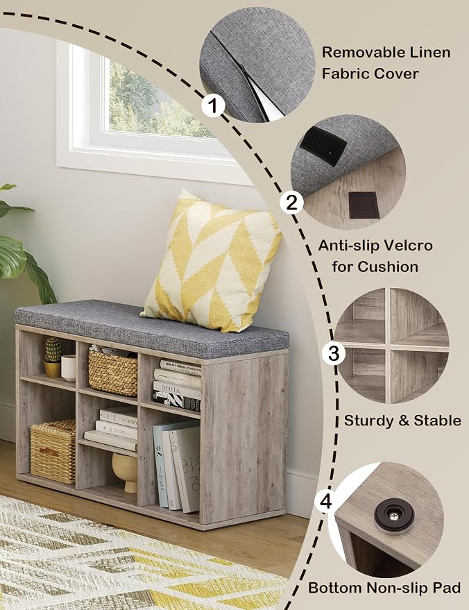 DINZI LVJ Shoe Bench, 9 Cubbies Shoe Organizer for Entryway, Storage Bench with Cushion, Cubby Shoe Rack with Adjustable Shelves for Living Room, Bedroom, Mudroom, Hallway, Greige