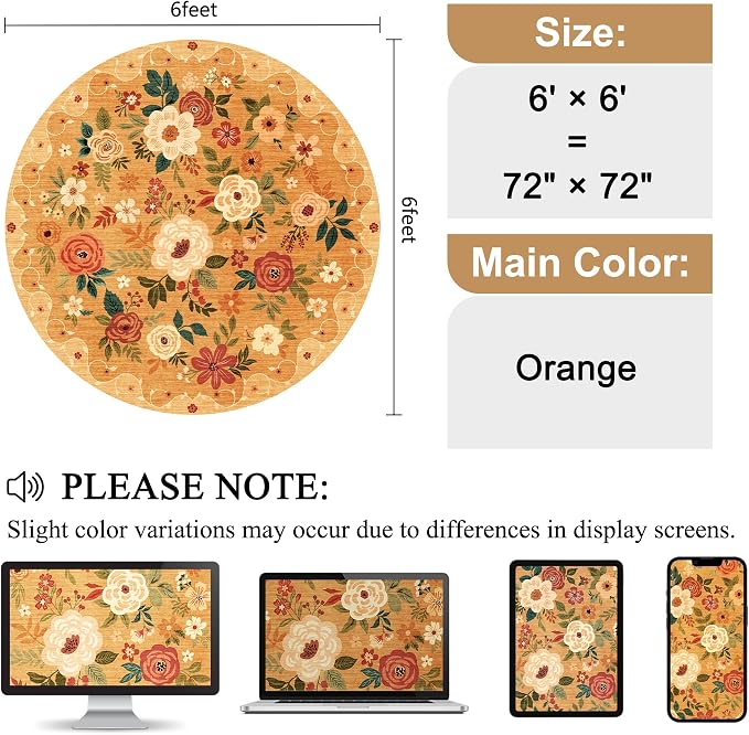 DUKINO Floral Round Rug, 6ft Washable Circle Rug, Non Slip Indoor Low Pile Circle Rug, Soft Small Boho Design Carpet for Bedroom, Entryway, Living Room, Dining Room, Orange