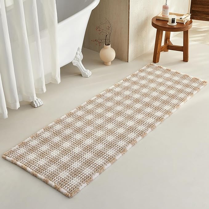 TYUU Waffle Runner Rug Bathroom, Long Boho Bathroom Rugs Non Slip Washable Absorbent Checkered Bathroom Mat Quick Dry Farmhouse Bath Mat, 72"x24" Khaki and White