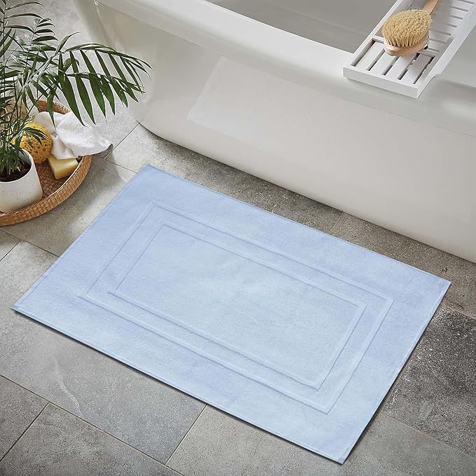 Feather & Stitch 2 Piece Towel Like Bath Mats (30x21 Inch) 100% Cotton Terry Bath Mats, Bathroom Shower Floor Mats [NOT A Bathroom Rug], Soft Absorbent Washable Mats - Sky Blue