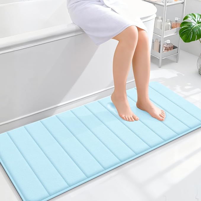 OLANLY Memory Foam Long Bathroom Rugs Runner 47x20, Super Soft Absorbent Bath Mat, Quick Dry, Machine Washable Shower Floor Rugs, Bathmat Carpet, Bathroom Home Decor Accessories, Sky Blue