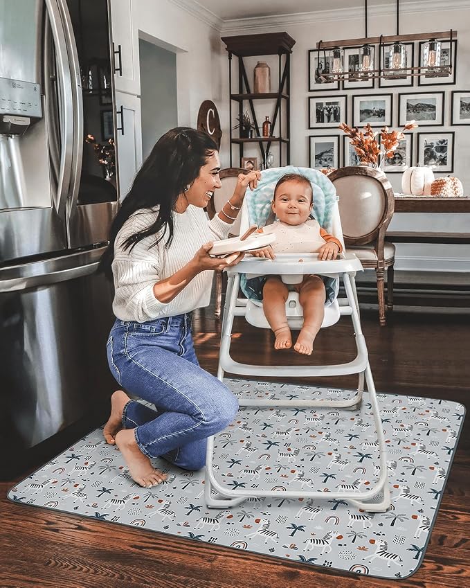 Blissful Diary Baby Splat Mat for Under High Chair, 50.4 x 50.4 Inch Wipeable Splash Mat, Waterproof and Washable, Anti-Slip Floor Protector, Gray Zebra
