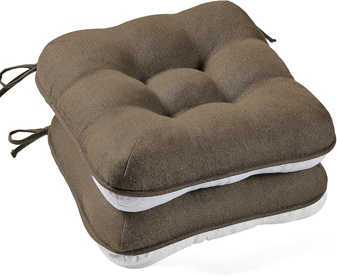 BETU Chair Cushions for Dining Chairs Set of 2,3.5" Thick Kitchen Table Chair Pads with Ties,Non Slip Backing and Covers, Seat Cushion for Dining Room,Bar,Patio Chairs,15.5"X15.5"X3.5",Brown