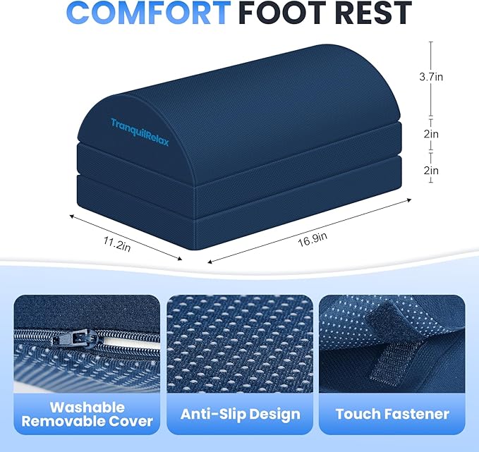 TranquilRelax Foot Rest for Under Desk at Work, Gaming Accessories Foot Stool with 3 Adjustable Heights & Washable Cover, Comfortable Office Desk Accessories, Footrest for Office, Home and Car (Blue)