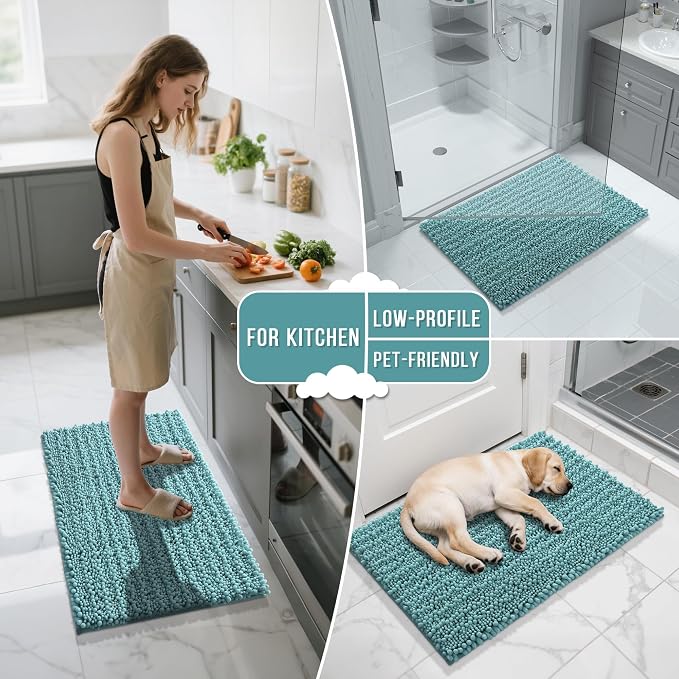 Yimobra Bathroom Rugs Non Slip Washable 32x20 Inch - Ultra Soft Absorbent Chenille Bath Mat, Quick Dry Shaggy Floor Carpet for Tub Shower, Teal Blue Home Decor Accessories