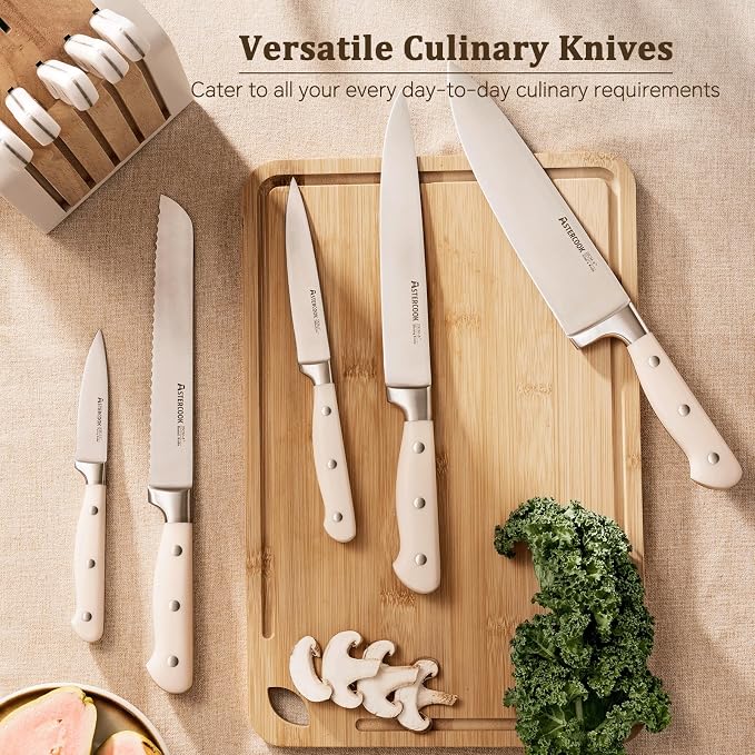 Astercook Knife Set, Kitchen Knife Set with Block and Sharpener, 12 Pcs Ultra-Sharp High Carbon Stainless Steel Knife Block Set with Non-Slip Full Tang Ergonomic Handle, Cream White Cutlery Set