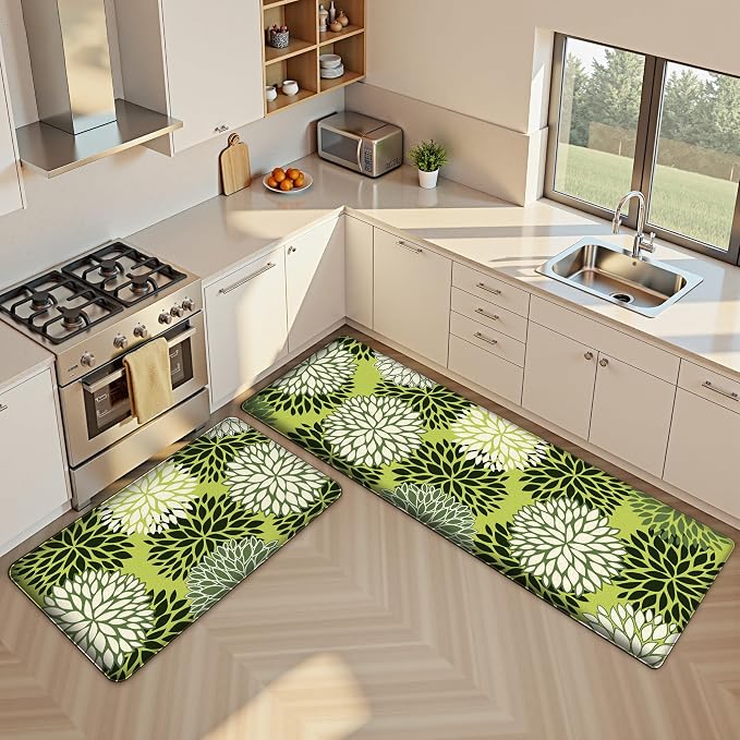 Kitchen Mats Set of 2 Cushioned Anti Fatigue Kitchen Rugs Non Slip Waterproof Kitchen Runner Memory Foam Floor Mat Comfort Standing Mat for Sink,Office,Laundry, Green
