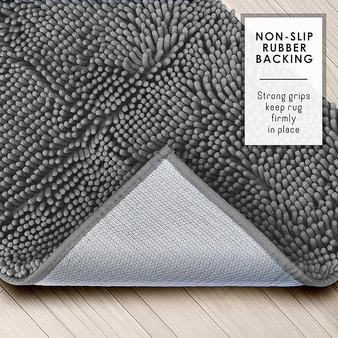 Hearth & Harbor Bathroom Rugs, Chenille Bath Mat - Machine Washable Bath Mats for Bathroom Non-Slip Backing Rubber, Quick Dry Mat - Grey Bath Rug, 17x24-26x44-20x24