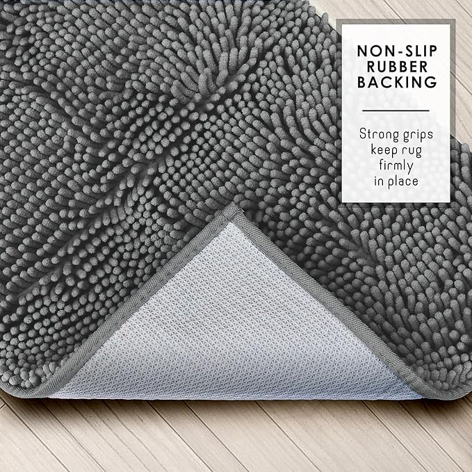 Hearth & Harbor Bathroom Rugs, Chenille Bath Mat - Machine Washable Bath Mats for Bathroom Non-Slip Backing Rubber, Quick Dry Mat - Grey Bath Rug, 17x24-20x32-20x24